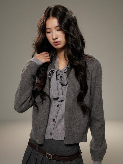 lvetong Bow Detail Faux Two Piece Loose Streetwear Button Front Knit Women Cardigans