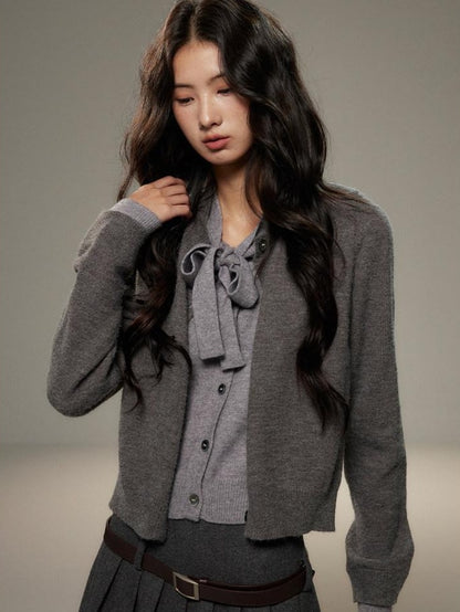 lvetong Bow Detail Faux Two Piece Loose Streetwear Button Front Knit Women Cardigans