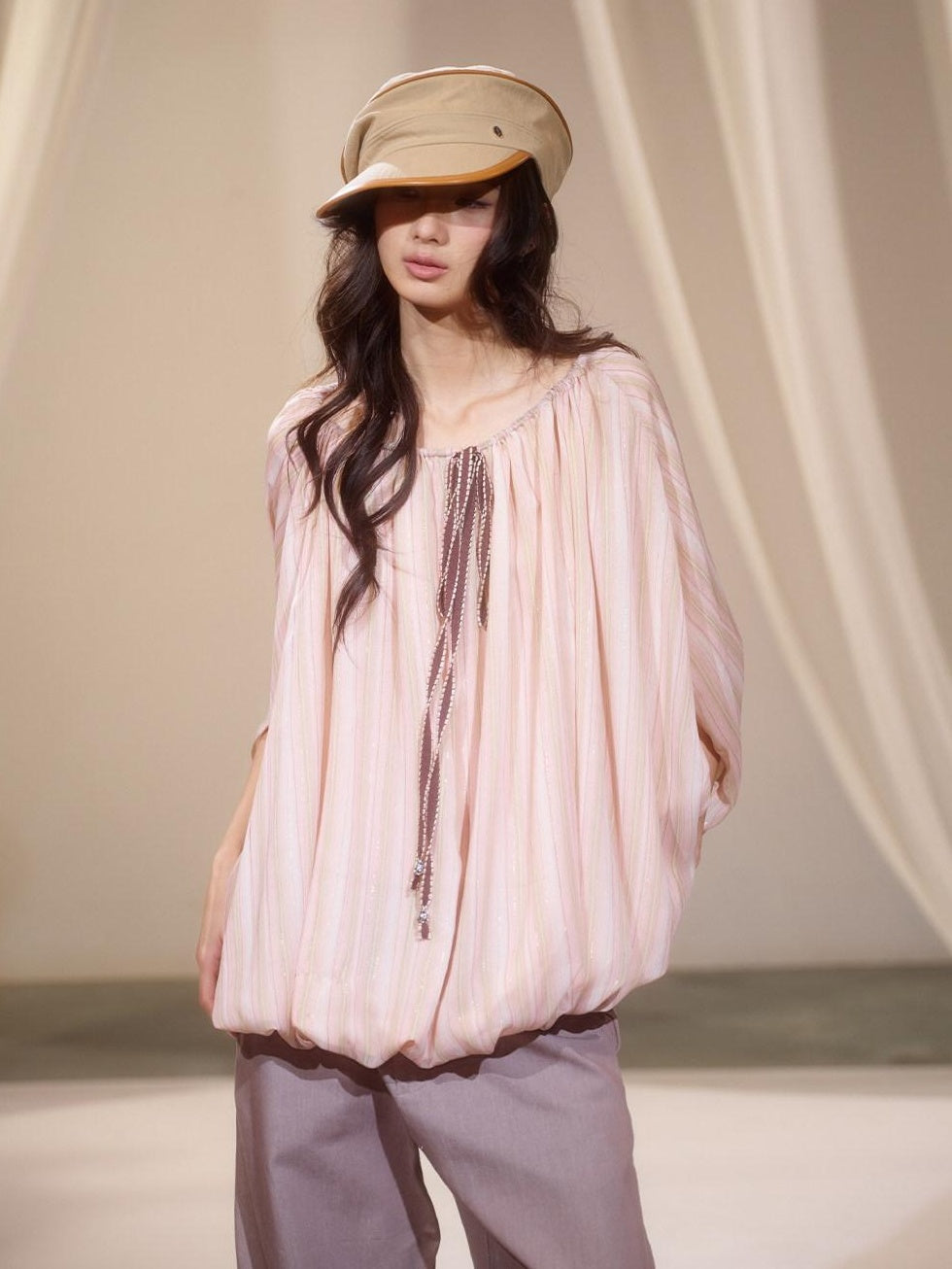 lvetong Breathable Polyester Striped Loose Streetwear Women Pink Long Sleeve T-Shirts