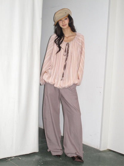 lvetong Breathable Polyester Striped Loose Streetwear Women Pink Long Sleeve T-Shirts