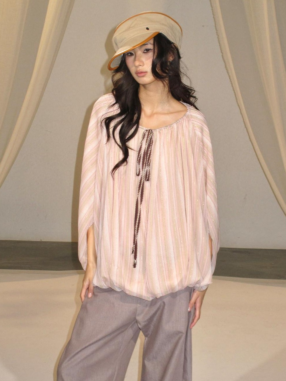 lvetong Breathable Polyester Striped Loose Streetwear Women Pink Long Sleeve T-Shirts