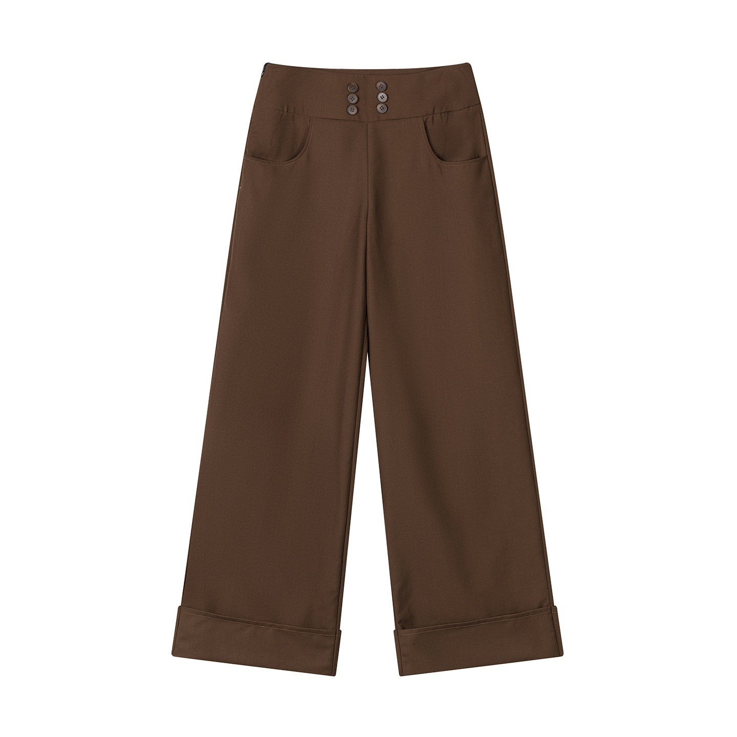 lvetong_Brown_Button_Detail_High_Waist_Wide_Leg_Women&