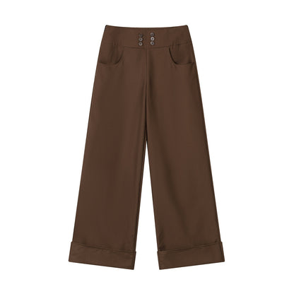 lvetong_Brown_Button_Detail_High_Waist_Wide_Leg_Women&