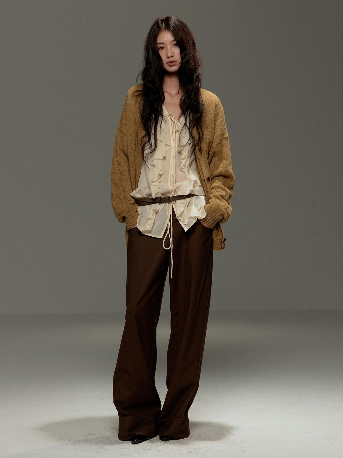 lvetong Brown Button Detail High Waist Wide Leg Women&