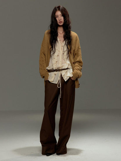 lvetong Brown Button Detail High Waist Wide Leg Women&
