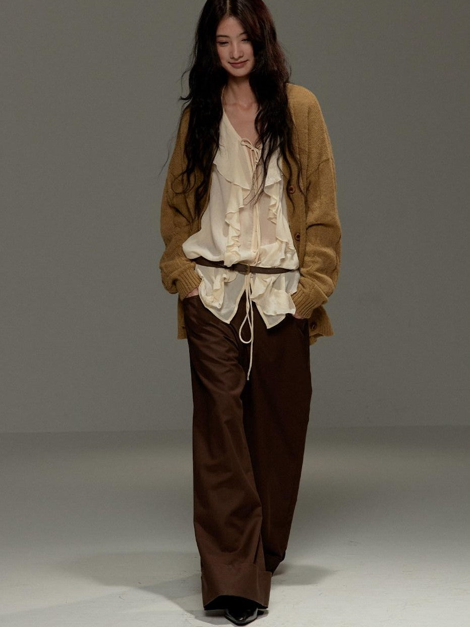 lvetong Brown Button Detail High Waist Wide Leg Women&