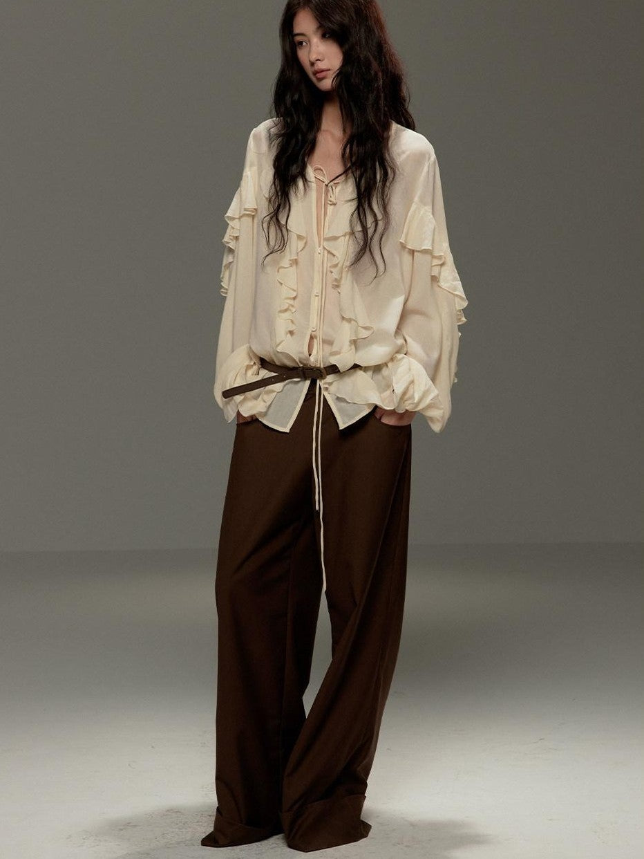 lvetong Brown Button Detail High Waist Wide Leg Women&