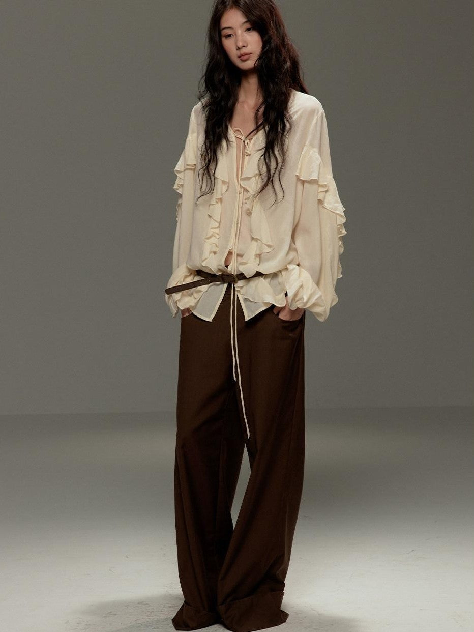 lvetong Brown Button Detail High Waist Wide Leg Women&