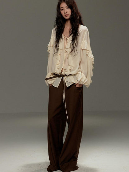 lvetong Brown Button Detail High Waist Wide Leg Women&