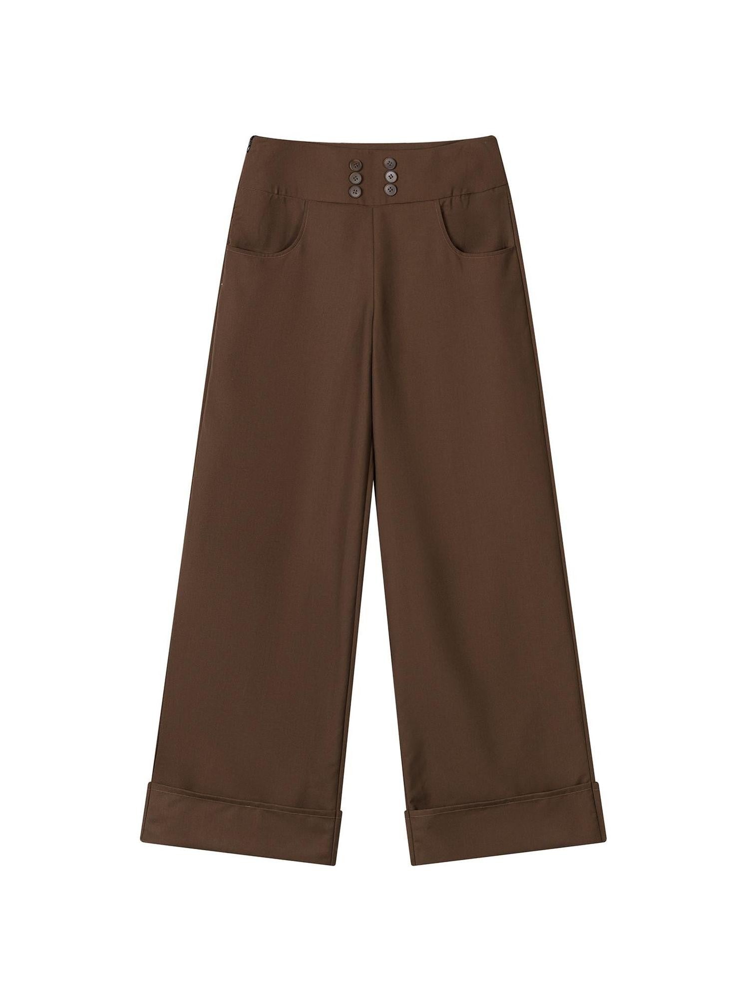 lvetong Brown Button Detail High Waist Wide Leg Women&
