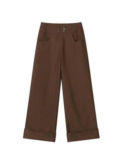 lvetong Brown Button Detail High Waist Wide Leg Women&