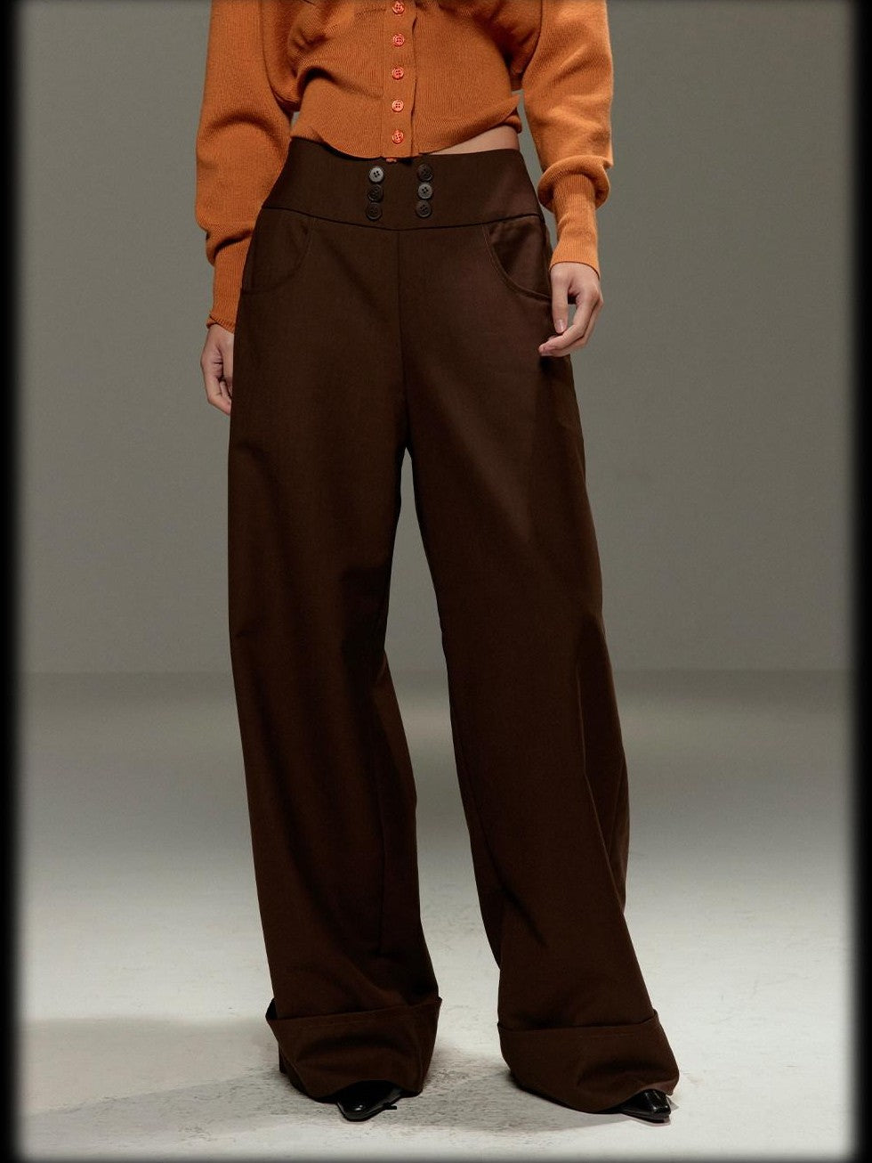 lvetong Brown Button Detail High Waist Wide Leg Women&