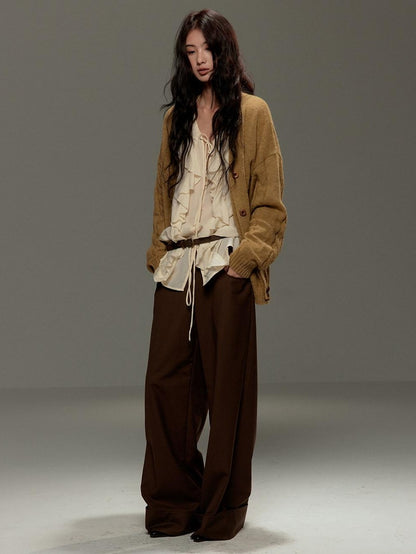 lvetong Brown Button Detail High Waist Wide Leg Women&