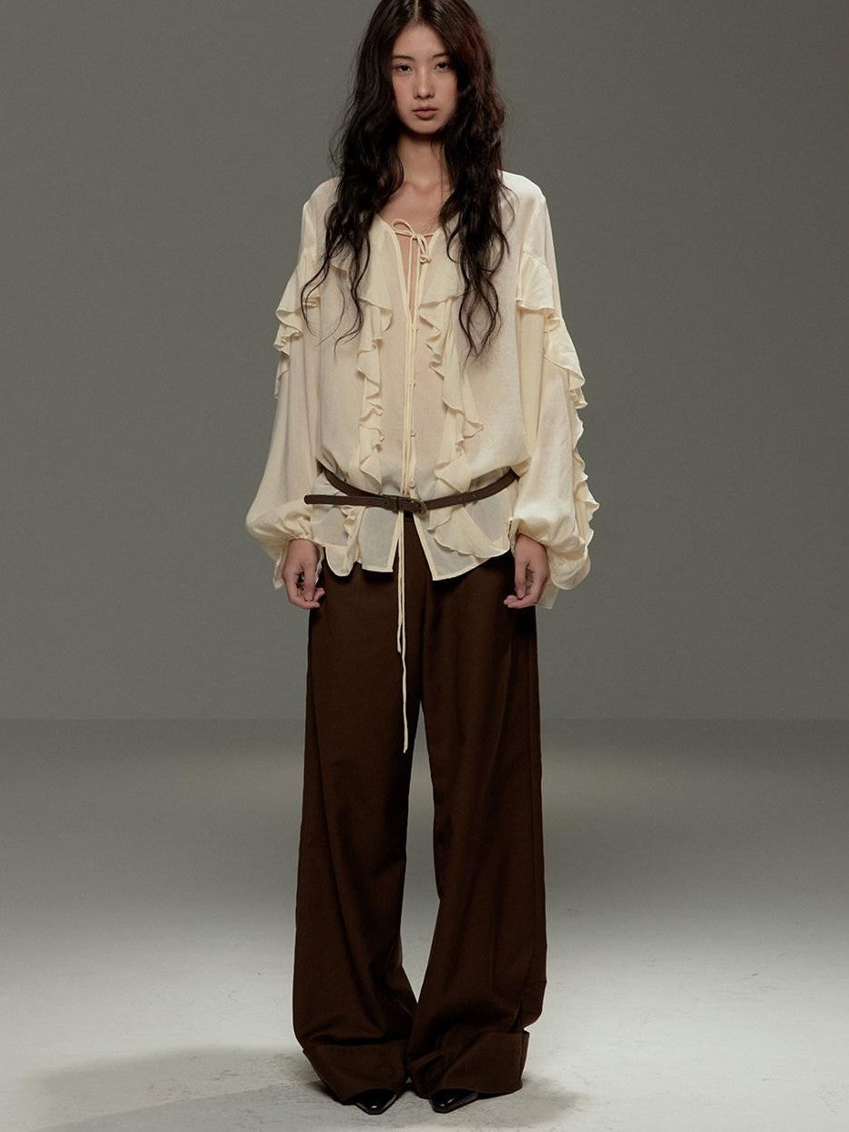 lvetong Brown Button Detail High Waist Wide Leg Women&