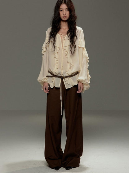 lvetong Brown Button Detail High Waist Wide Leg Women&