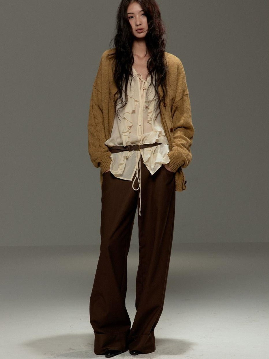 lvetong Brown Button Detail High Waist Wide Leg Women&