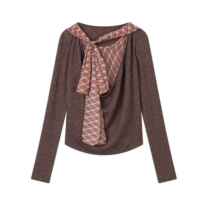 lvetong_Brown_Plaid_Bow_Tie_Patchwork_Layered_Draped_Collar_Women&