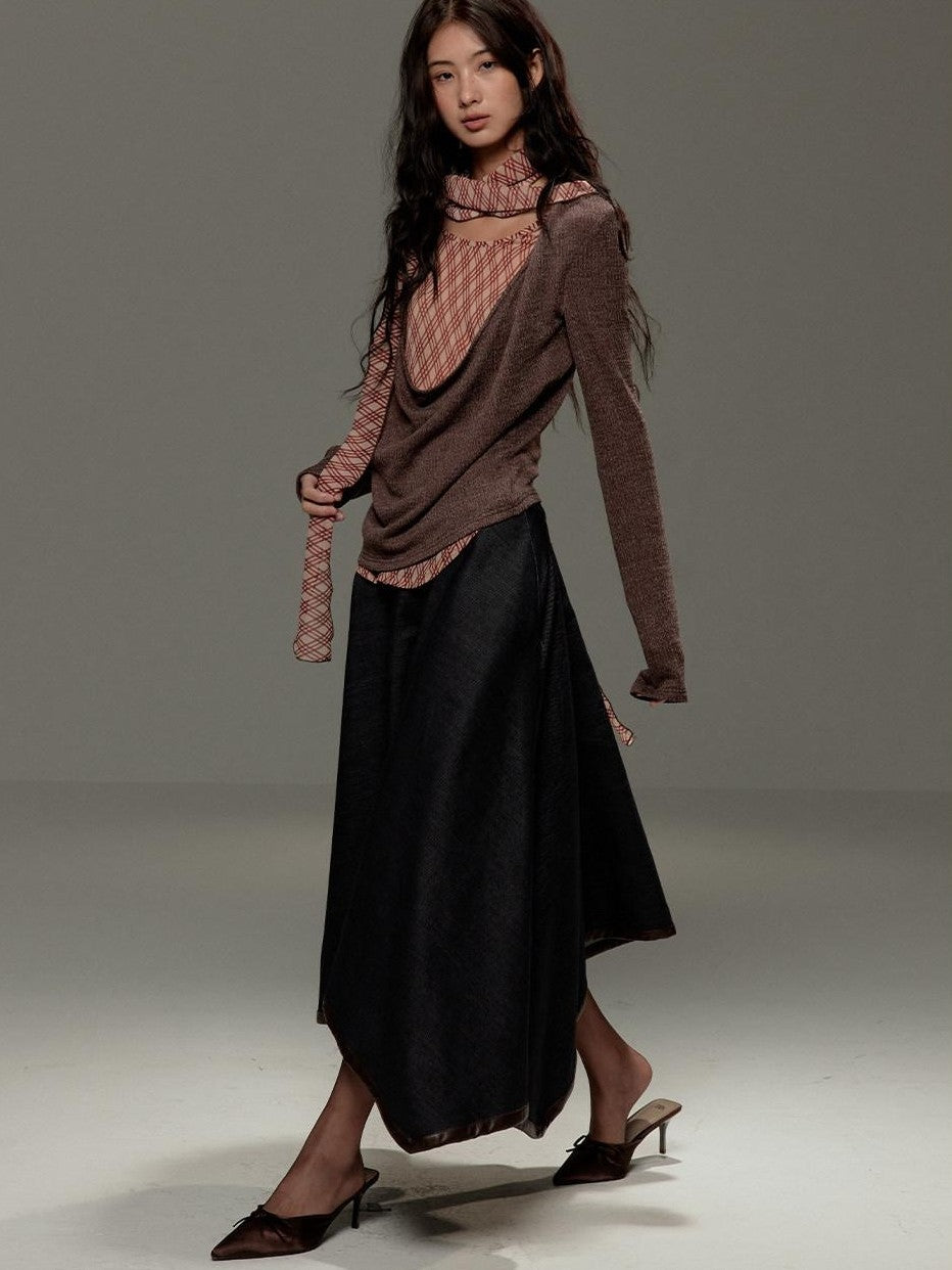 lvetong Brown Plaid Bow Tie Patchwork Layered Draped Collar Women&