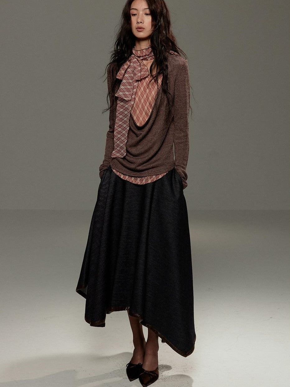 lvetong Brown Plaid Bow Tie Patchwork Layered Draped Collar Women&