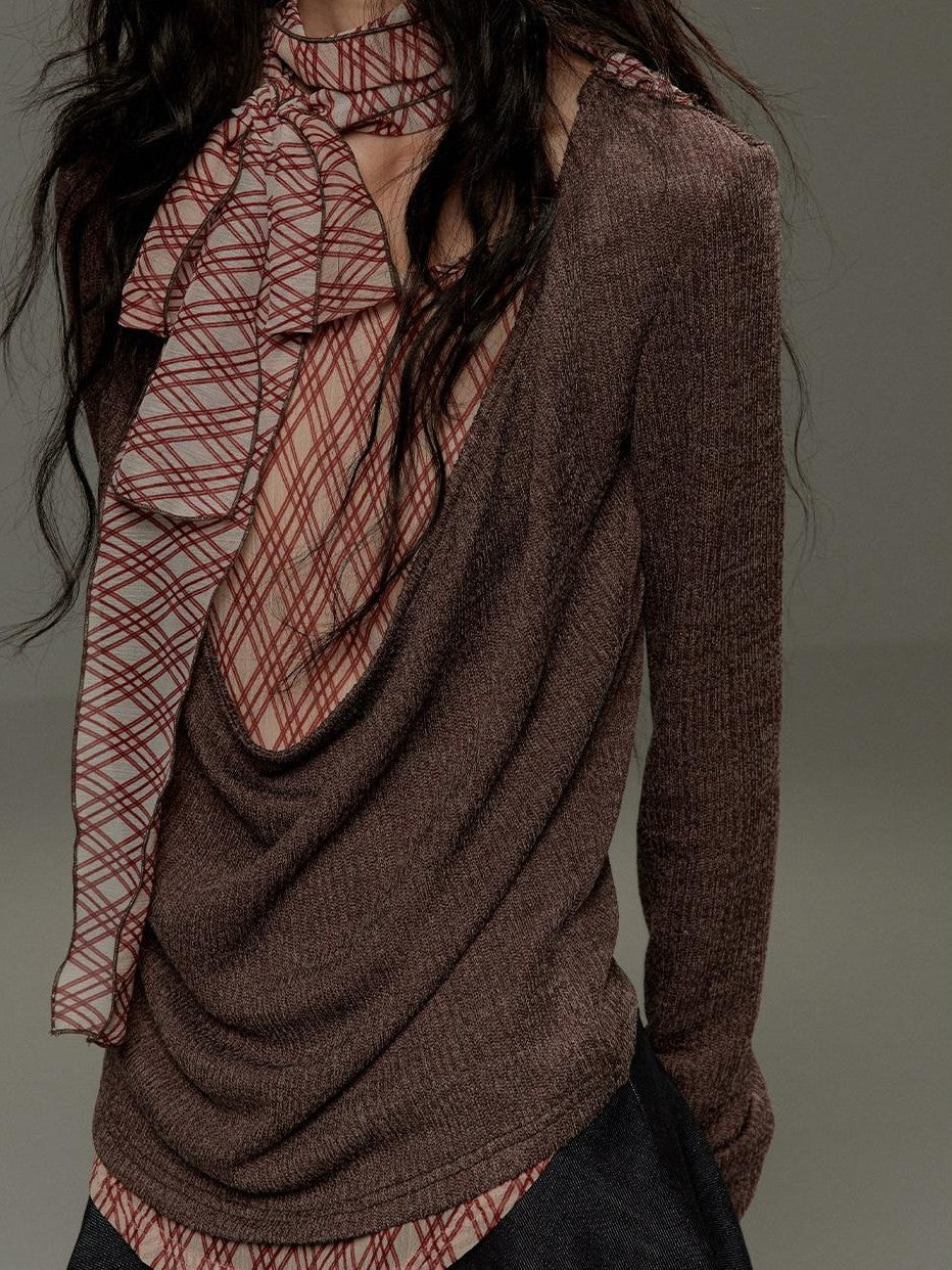 lvetong Brown Plaid Bow Tie Patchwork Layered Draped Collar Women&