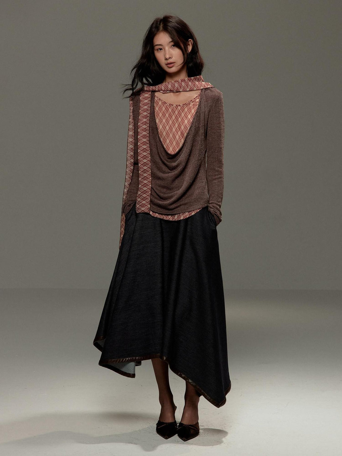 lvetong Brown Plaid Bow Tie Patchwork Layered Draped Collar Women&
