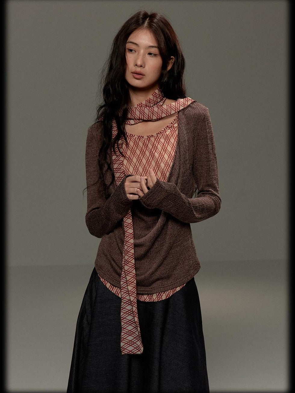lvetong Brown Plaid Bow Tie Patchwork Layered Draped Collar Women&