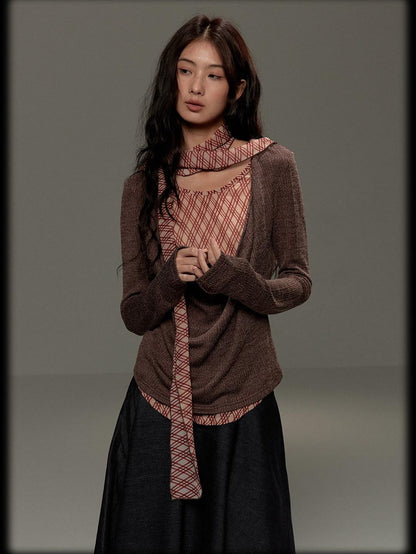 lvetong Brown Plaid Bow Tie Patchwork Layered Draped Collar Women&