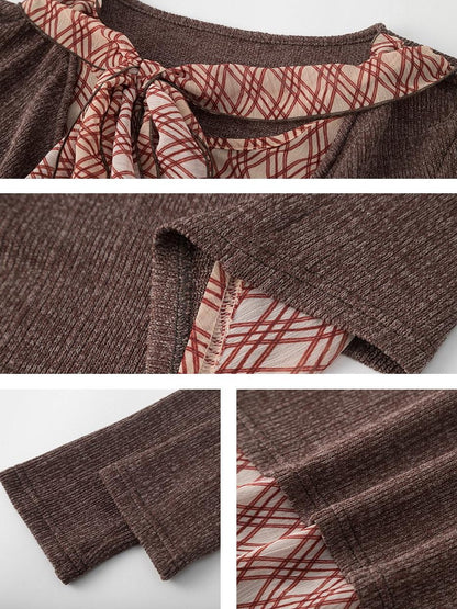 lvetong Brown Plaid Bow Tie Patchwork Layered Draped Collar Women&
