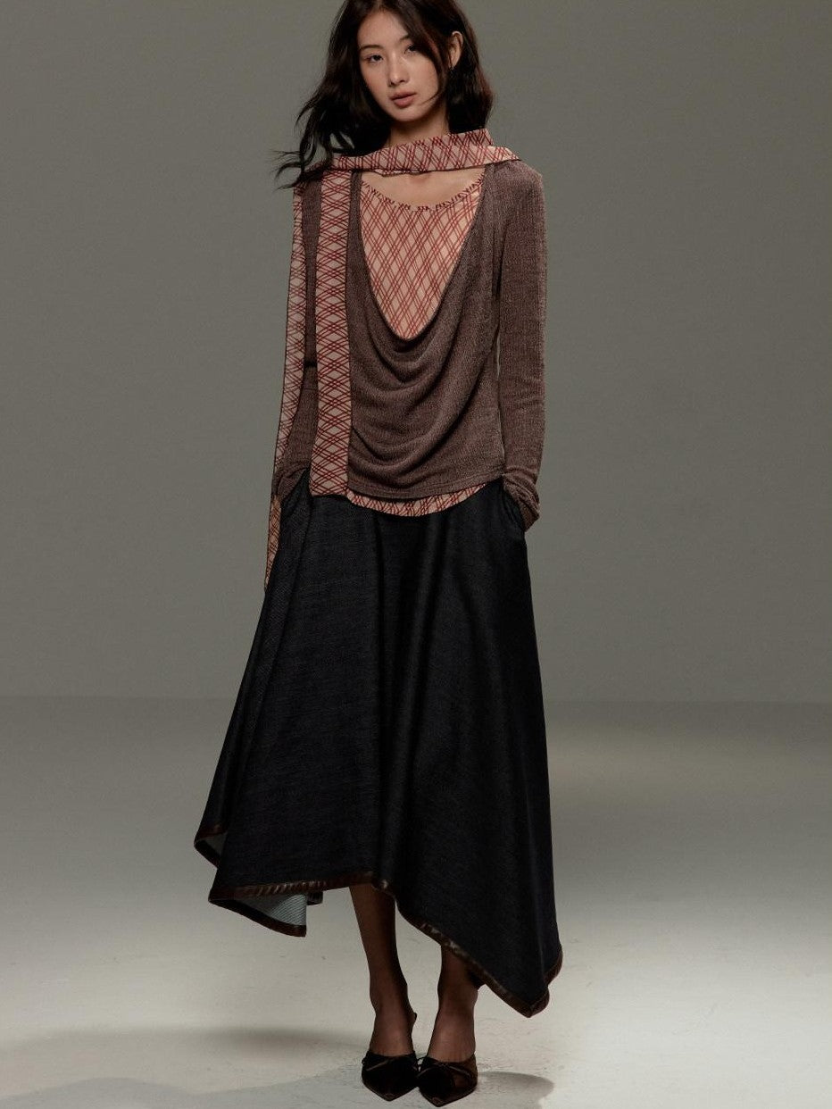 lvetong Brown Plaid Bow Tie Patchwork Layered Draped Collar Women&