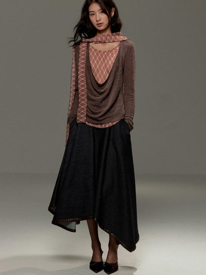 lvetong Brown Plaid Bow Tie Patchwork Layered Draped Collar Women&