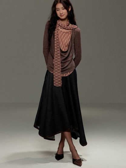 lvetong Brown Plaid Bow Tie Patchwork Layered Draped Collar Women&