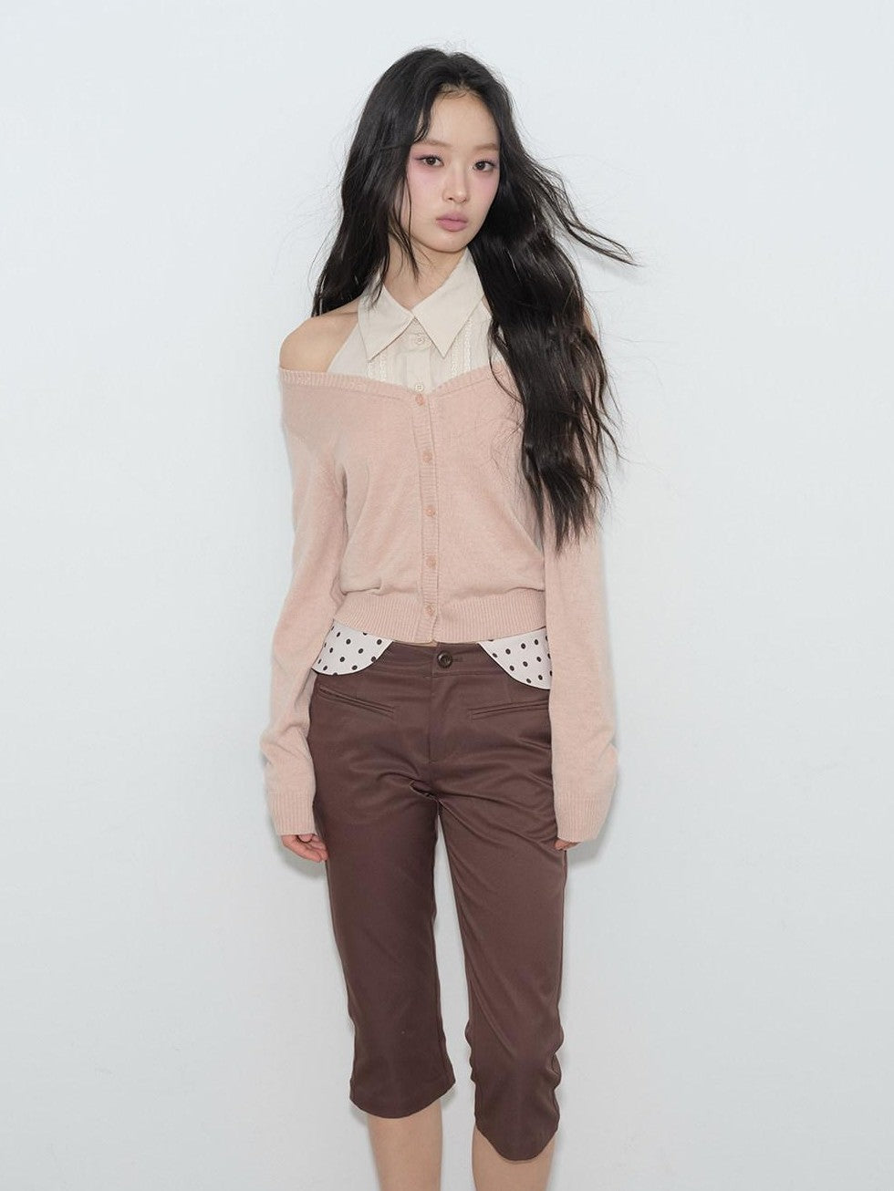 lvetong Brown Polka Dot Patchwork Straight Low Waist Women&