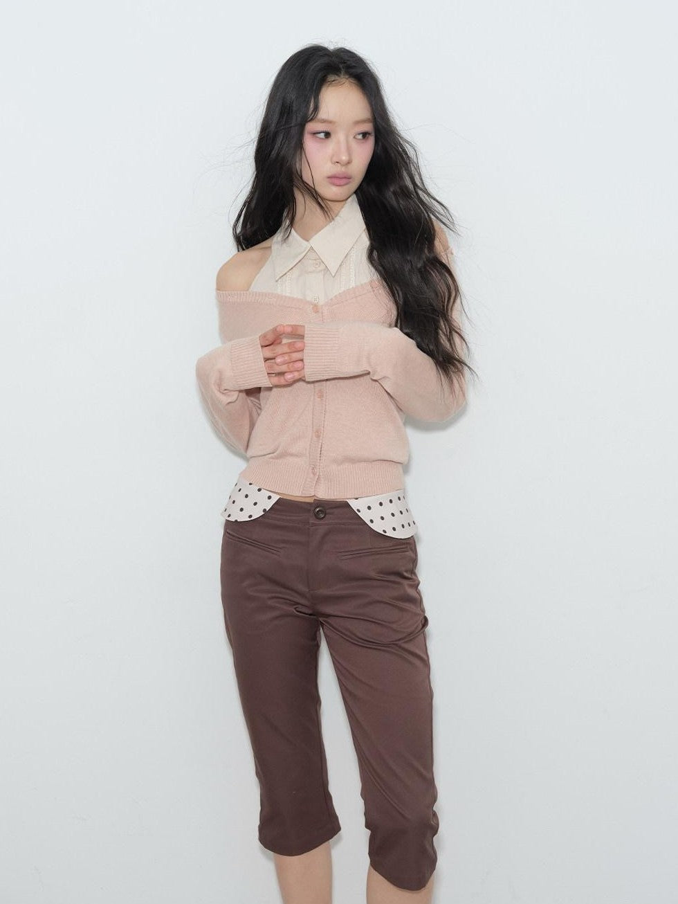 lvetong Brown Polka Dot Patchwork Straight Low Waist Women&