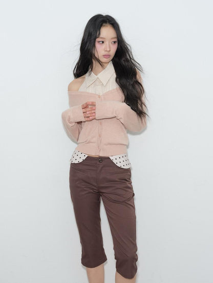 lvetong Brown Polka Dot Patchwork Straight Low Waist Women&