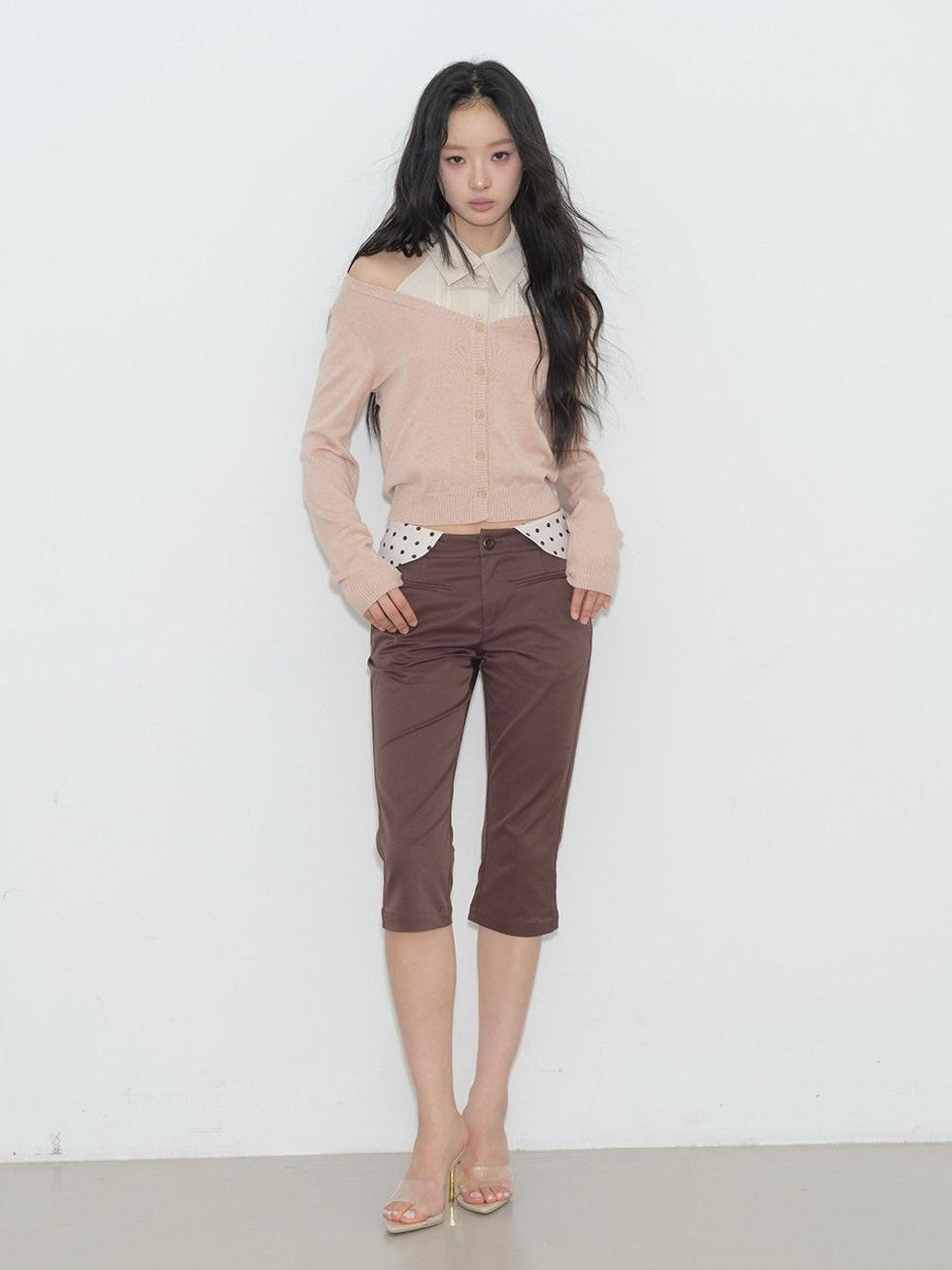 lvetong Brown Polka Dot Patchwork Straight Low Waist Women&