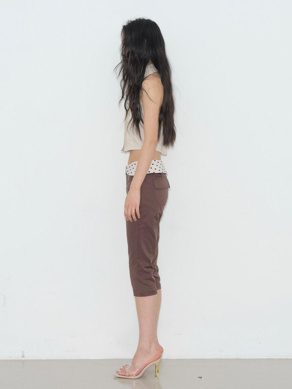 lvetong Brown Polka Dot Patchwork Straight Low Waist Women&