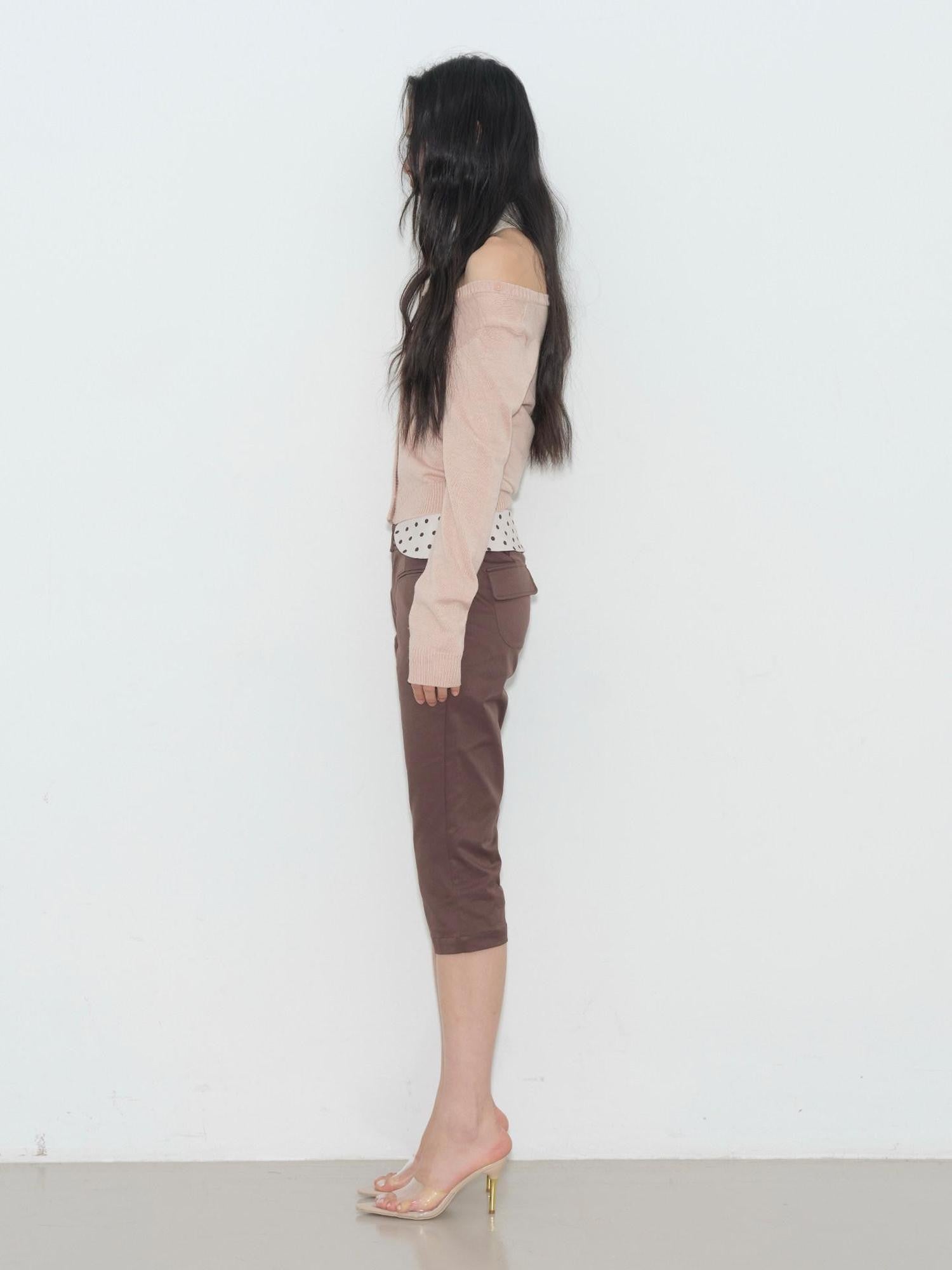 lvetong Brown Polka Dot Patchwork Straight Low Waist Women&
