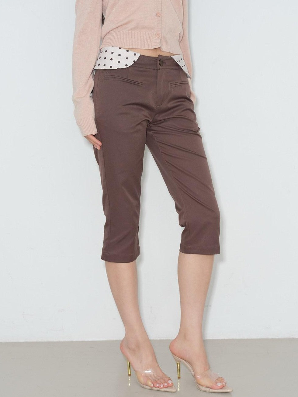 lvetong Brown Polka Dot Patchwork Straight Low Waist Women&