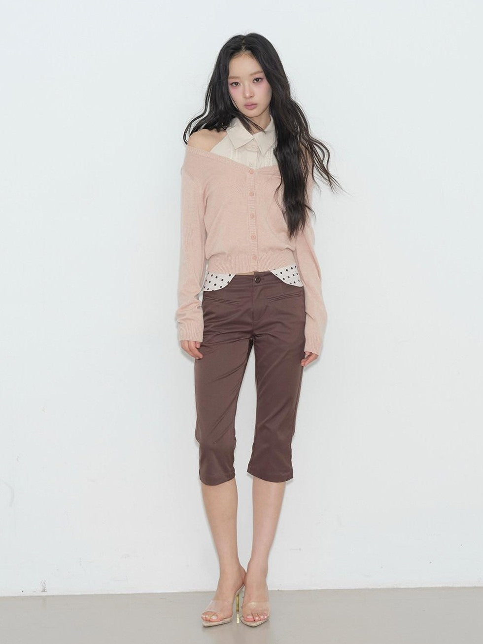 lvetong Brown Polka Dot Patchwork Straight Low Waist Women&