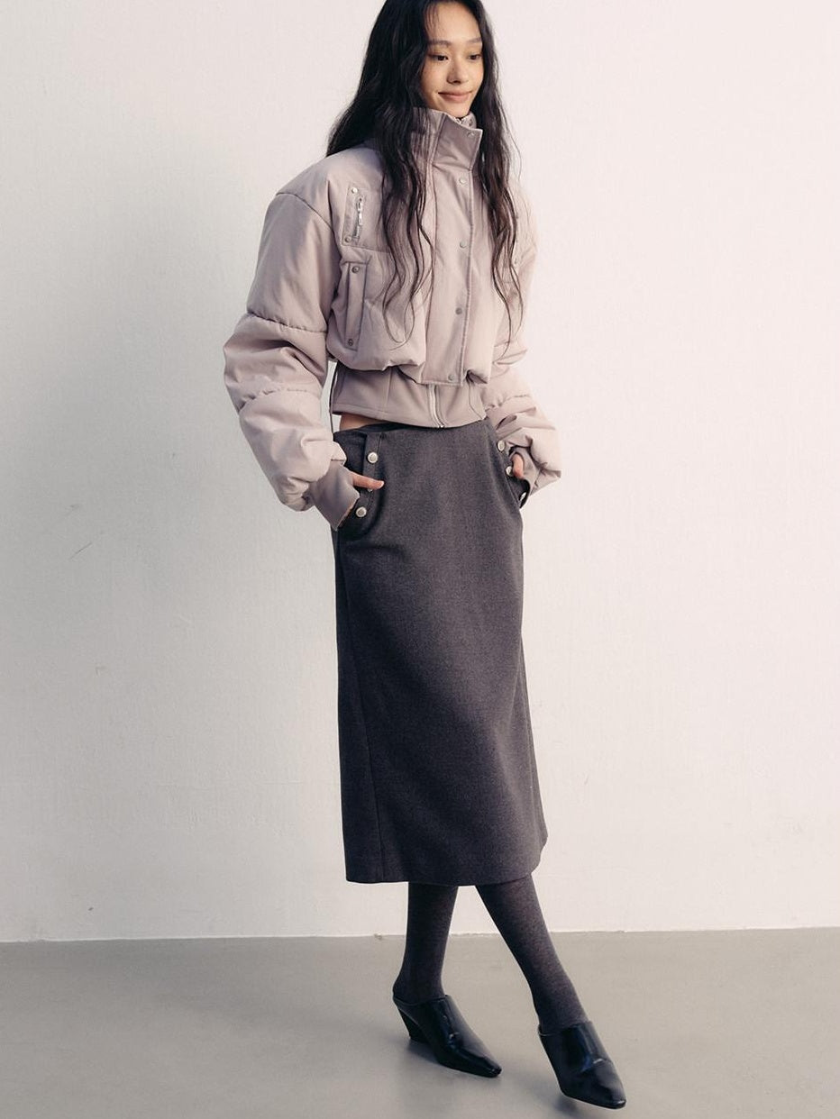 lvetong Button High Waist A Line Street Sport Back Slit Women Gray Midi Skirts