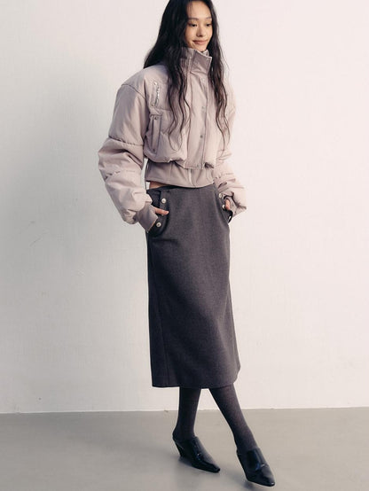 lvetong Button High Waist A Line Street Sport Back Slit Women Gray Midi Skirts