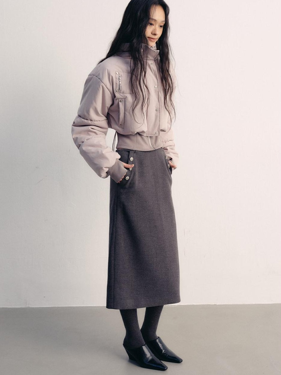 lvetong Button High Waist A Line Street Sport Back Slit Women Gray Midi Skirts