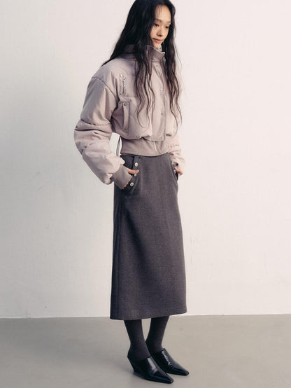 lvetong Button High Waist A Line Street Sport Back Slit Women Gray Midi Skirts
