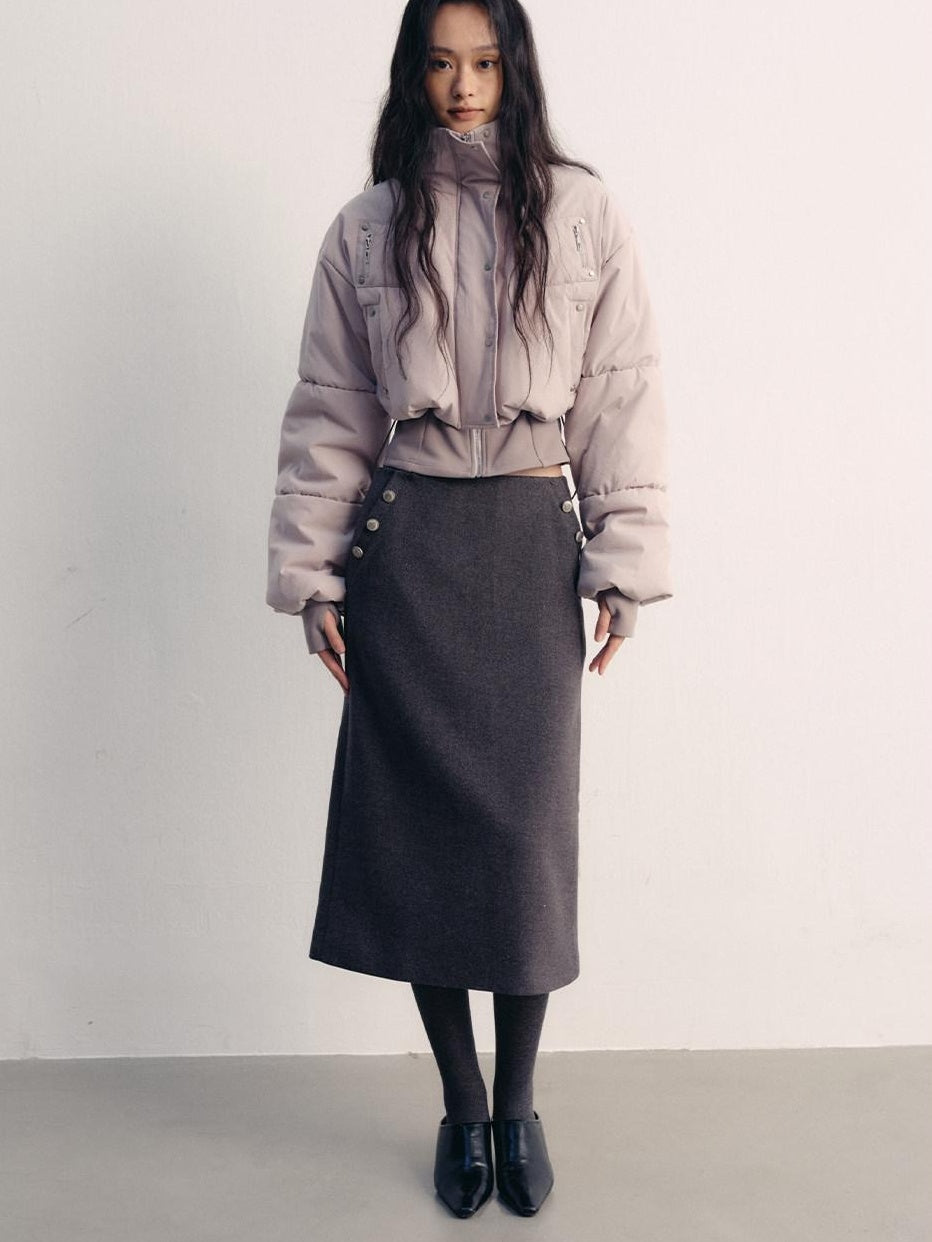lvetong Button High Waist A Line Street Sport Back Slit Women Gray Midi Skirts