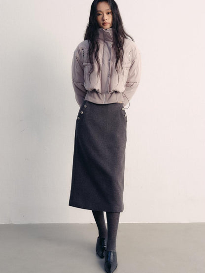lvetong Button High Waist A Line Street Sport Back Slit Women Gray Midi Skirts