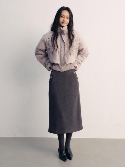 lvetong Button High Waist A Line Street Sport Back Slit Women Gray Midi Skirts