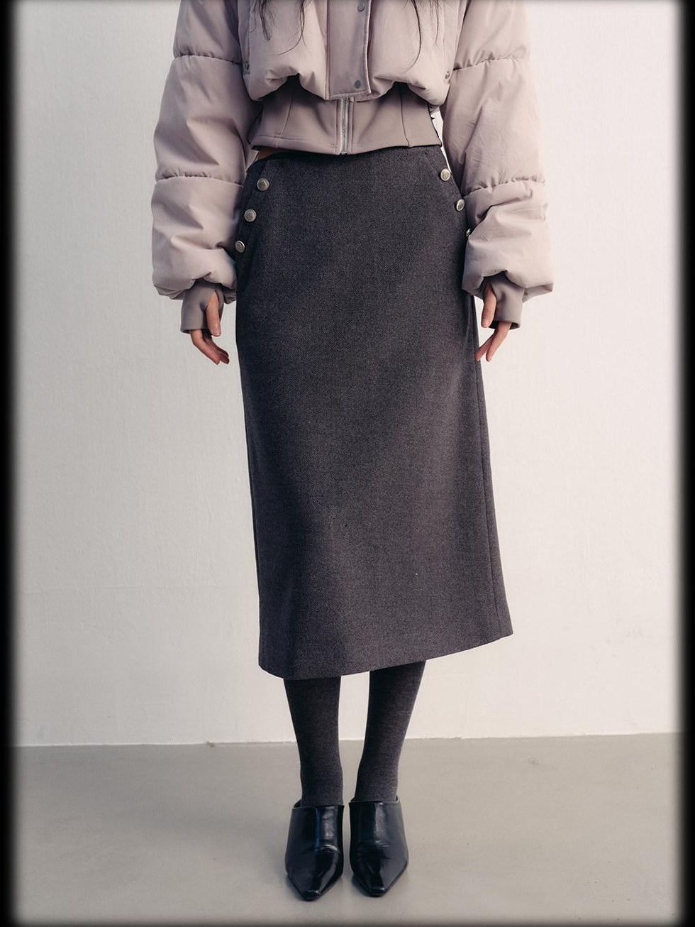 lvetong Button High Waist A Line Street Sport Back Slit Women Gray Midi Skirts