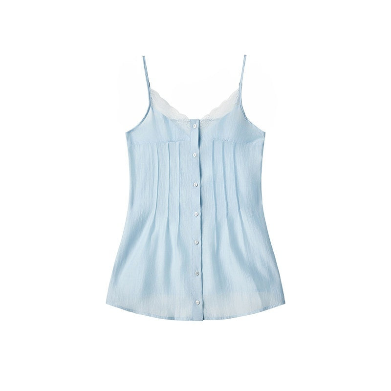 lvetong Ensemble deux pièces chic pour jeune femme : débardeur bleu à col V avec boutons et jupe.