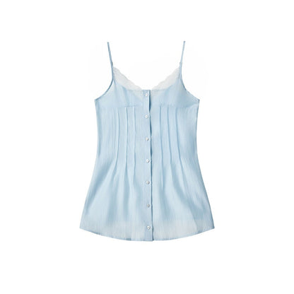 lvetong Ensemble deux pièces chic pour jeune femme : débardeur bleu à col V avec boutons et jupe.