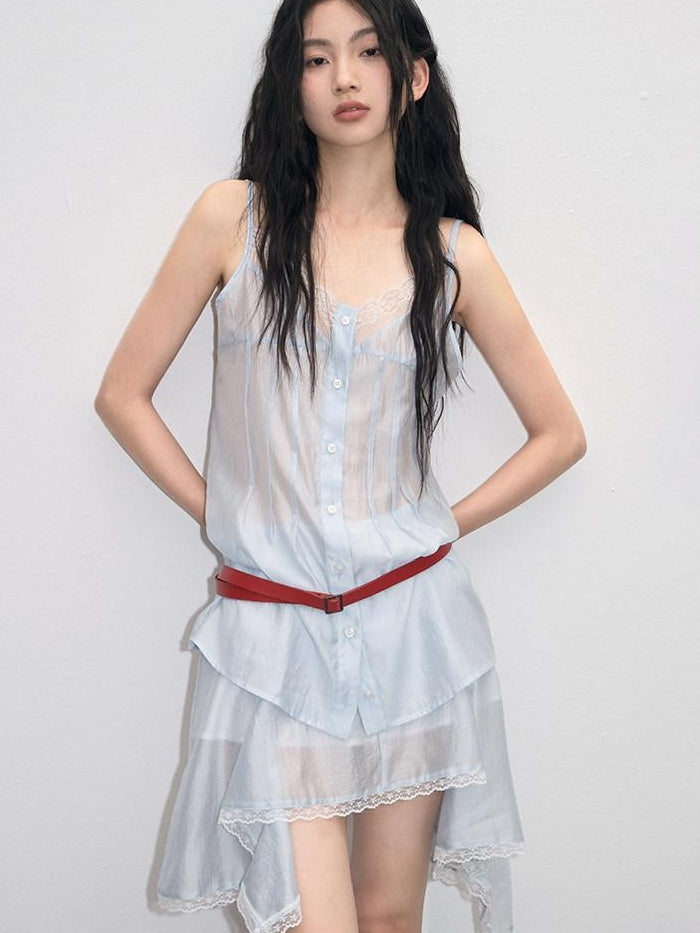 lvetong Ensemble deux pièces chic pour jeune femme : débardeur bleu à col V avec boutons et jupe.